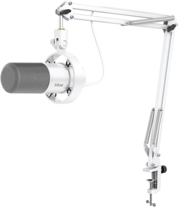 FIFINE Dynamic Microphone with Boom Arm, Studio Vocal XLR Microphone, Podcast USB Mic Kit for PC with Mute Button, Volume Knob, Headphone Jack, for Streaming Recording-AmpliTank K688CT White