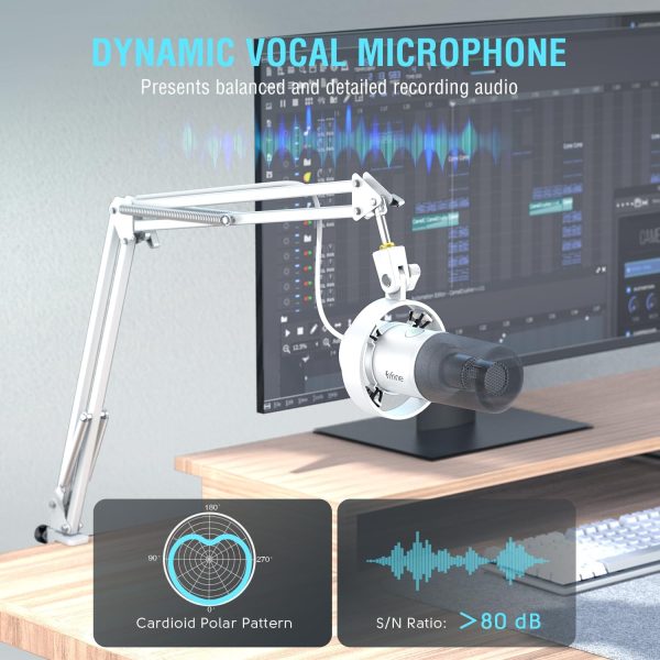 FIFINE Dynamic Microphone with Boom Arm, Studio Vocal XLR Microphone, Podcast USB Mic Kit for PC with Mute Button, Volume Knob, Headphone Jack, for Streaming Recording-AmpliTank K688CT White - Image 3