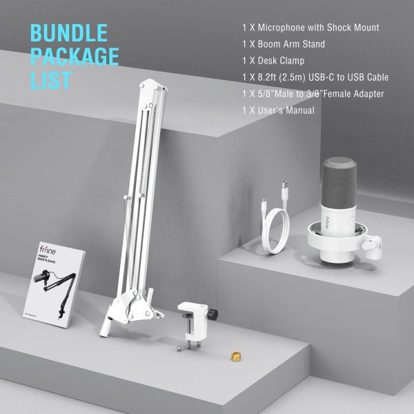 FIFINE Dynamic Microphone with Boom Arm, Studio Vocal XLR Microphone, Podcast USB Mic Kit for PC with Mute Button, Volume Knob, Headphone Jack, for Streaming Recording-AmpliTank K688CT White - Image 9