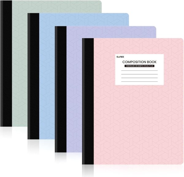 SUNEE Composition Notebooks (4 Pack) - Wide Ruled Paper, Composition Book, 9 3/4" x 7 1/2", 80 Sheets/160 Pages, Assorted Colors, School & Office Supplies