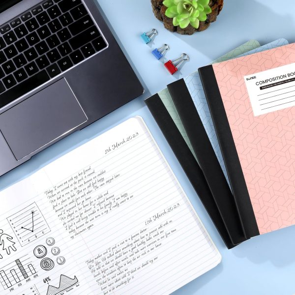 SUNEE Composition Notebooks (4 Pack) - Wide Ruled Paper, Composition Book, 9 3/4" x 7 1/2", 80 Sheets/160 Pages, Assorted Colors, School & Office Supplies - Image 6